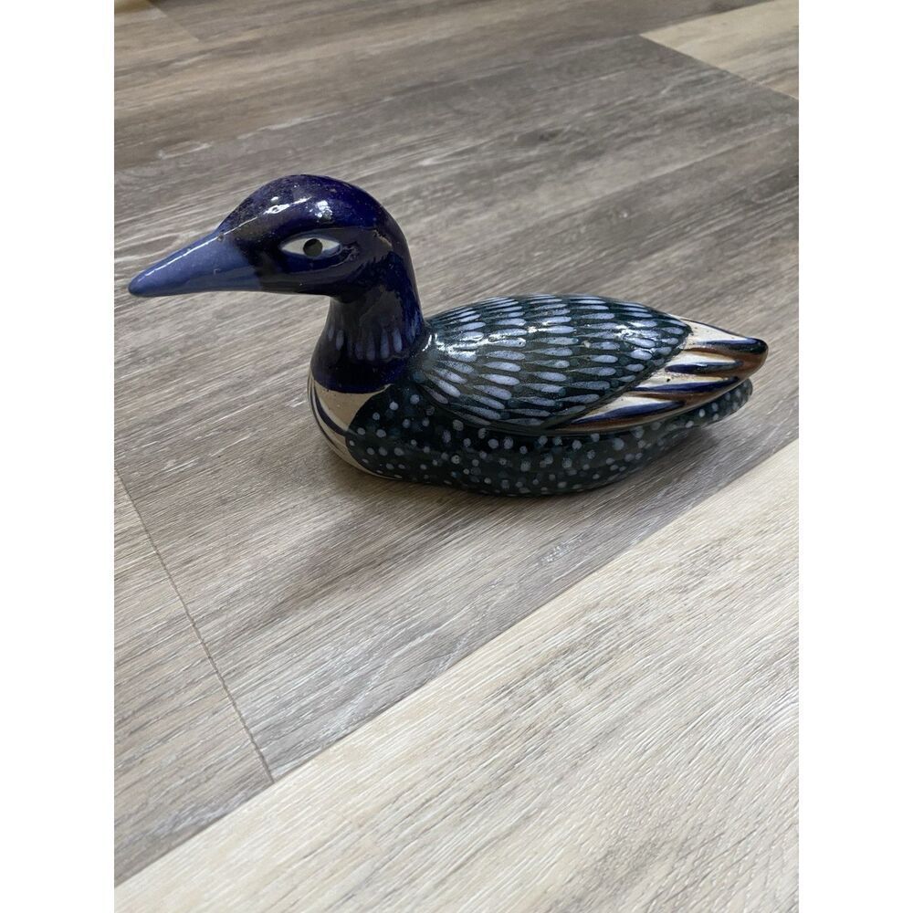 Vintage Mexican Art Pottery TONALA With Brass Duck 9” x 5” Hand Painted - Picture 2 of 9
